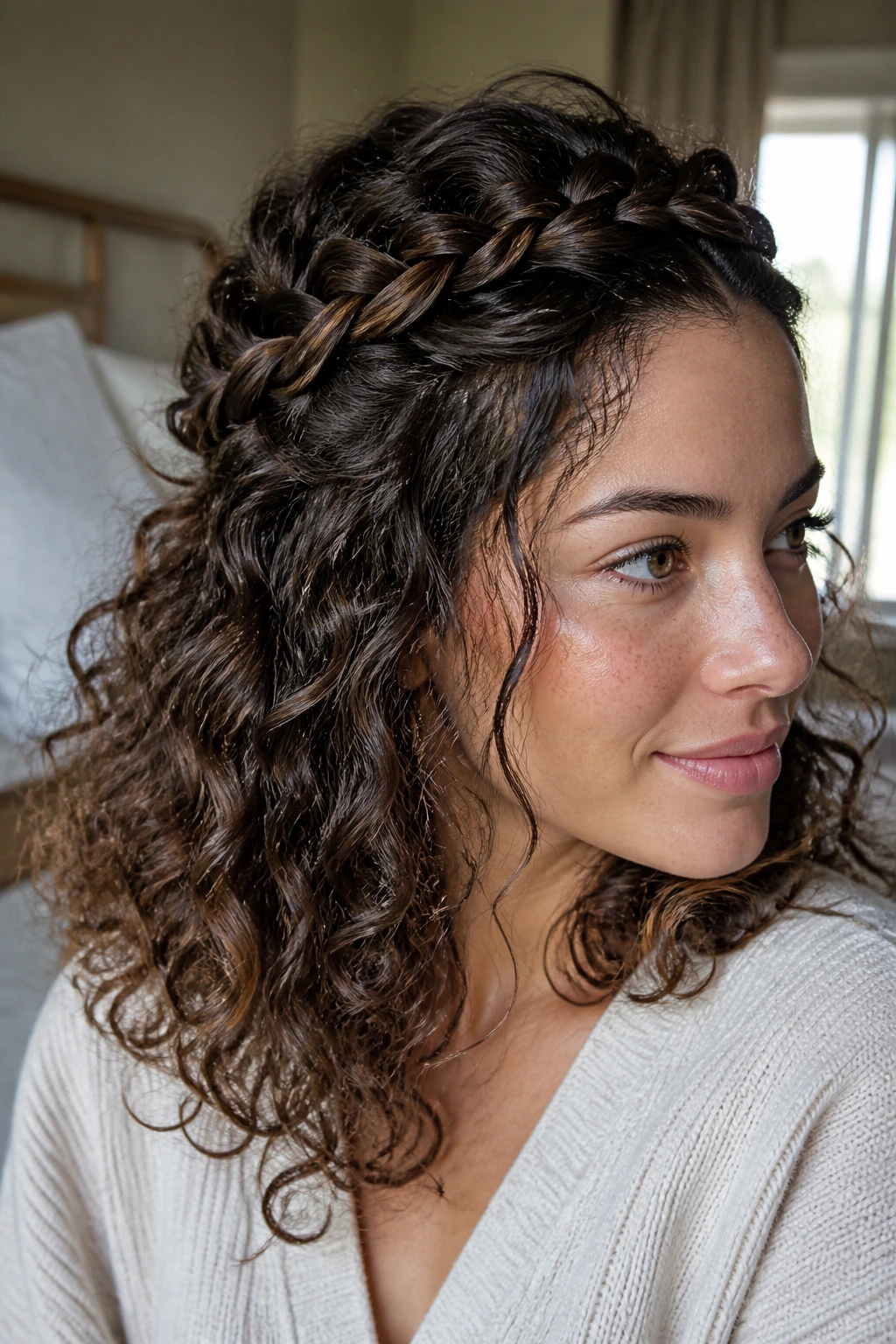 Close-up of a real woman wearing a loose braided crown on thick curls in natural window light.