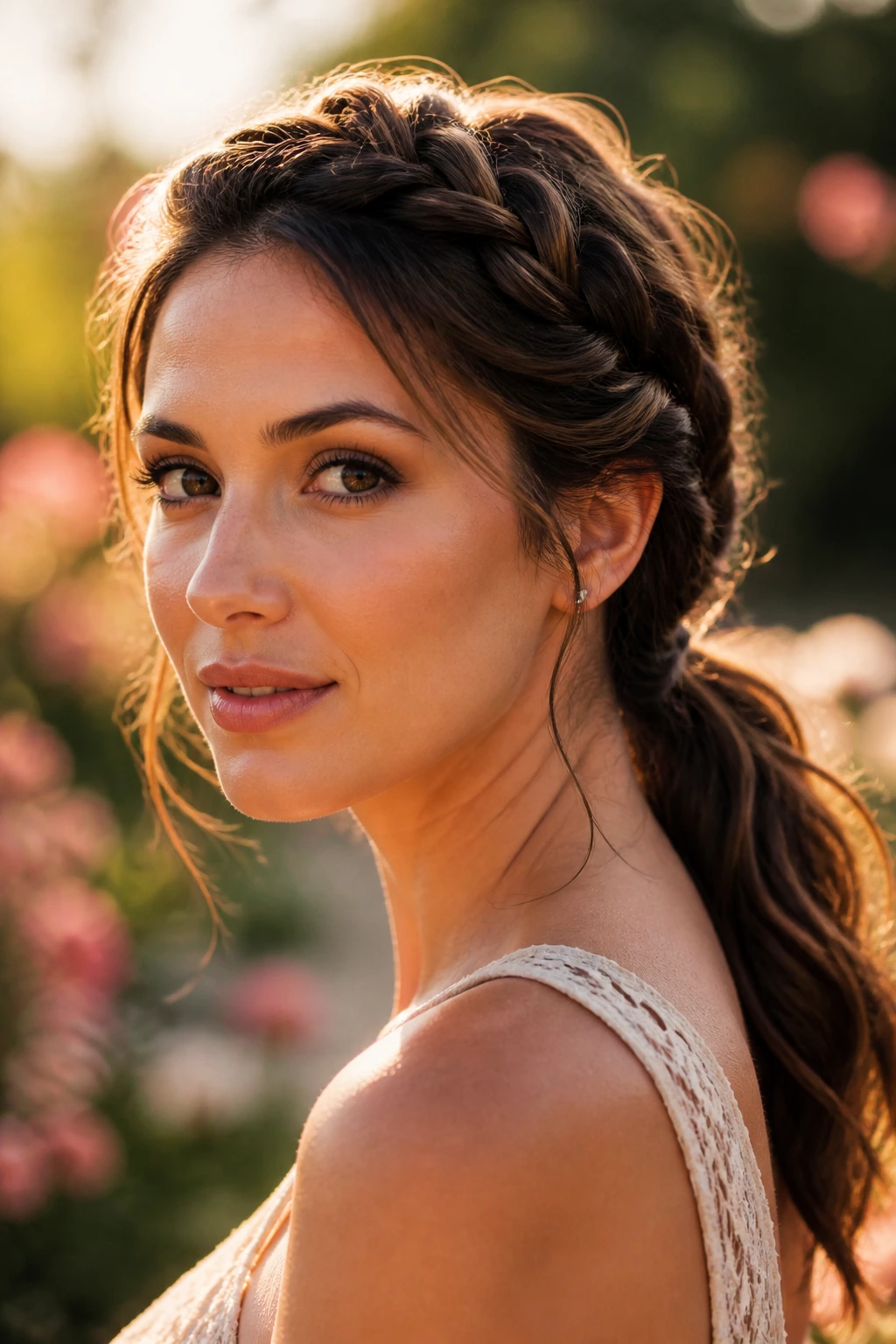 Close-up of a woman with a loose braided crown flowing into a low pony