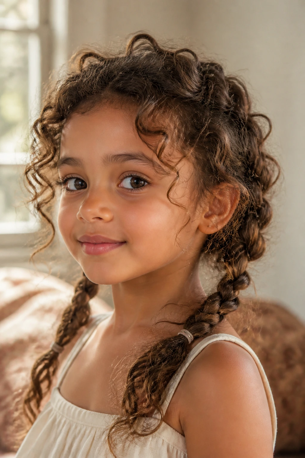Portrait of a girl with loose mid-shaft braided pigtails and curls at the crown