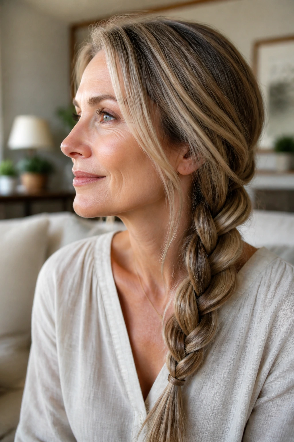 Close-up of a real woman with loose braided hairstyle showing dimension through the mid-lengths and babylights.