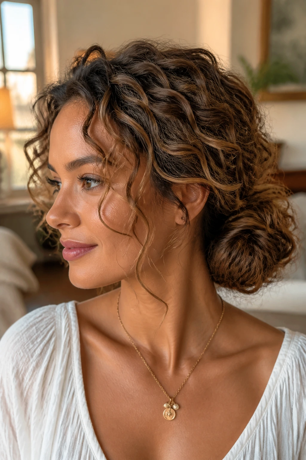 Portrait of a real woman with a loose low bun and face-framing spirals