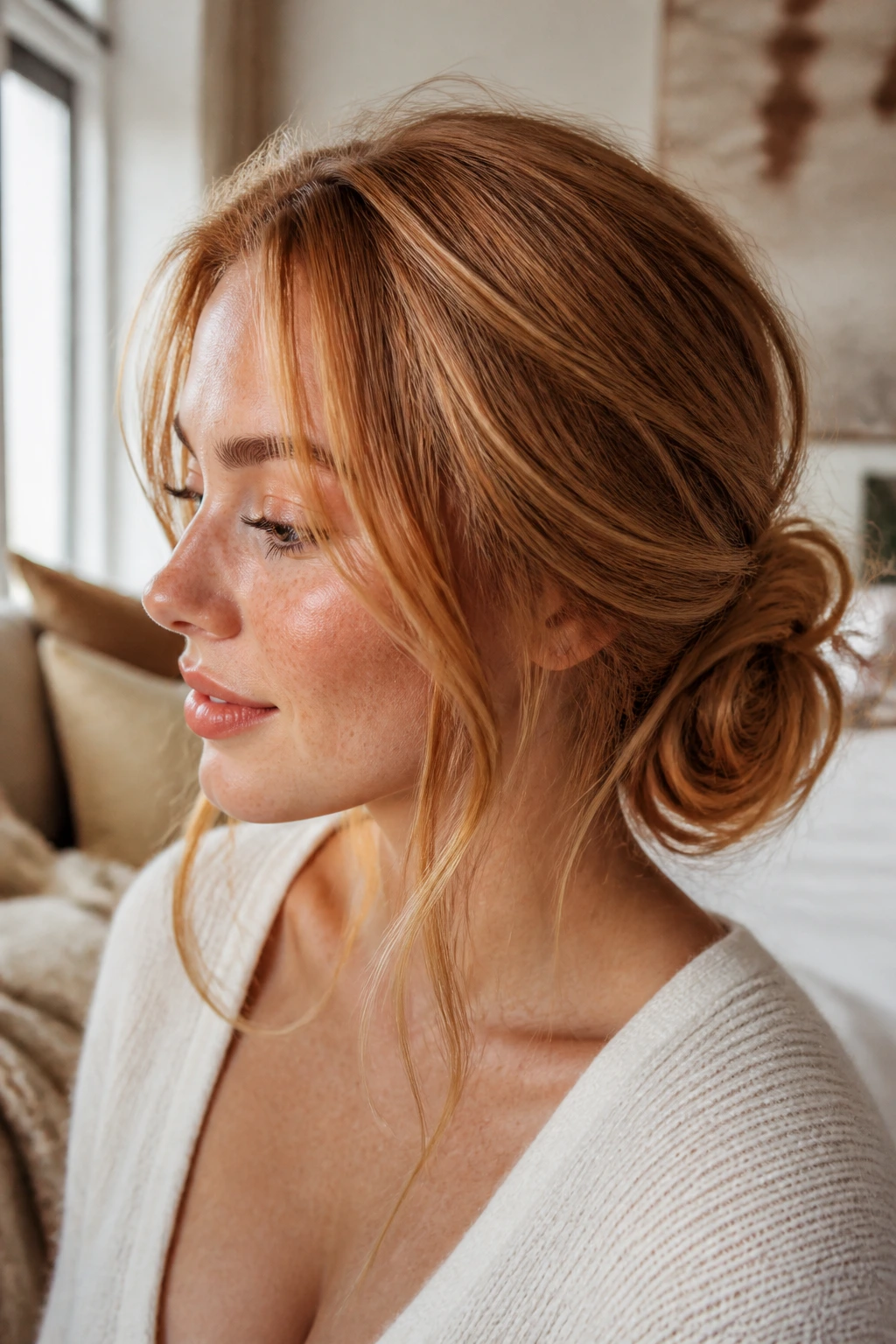 Portrait of a woman with a loose bun and wispy pieces in strawberry blonde hair