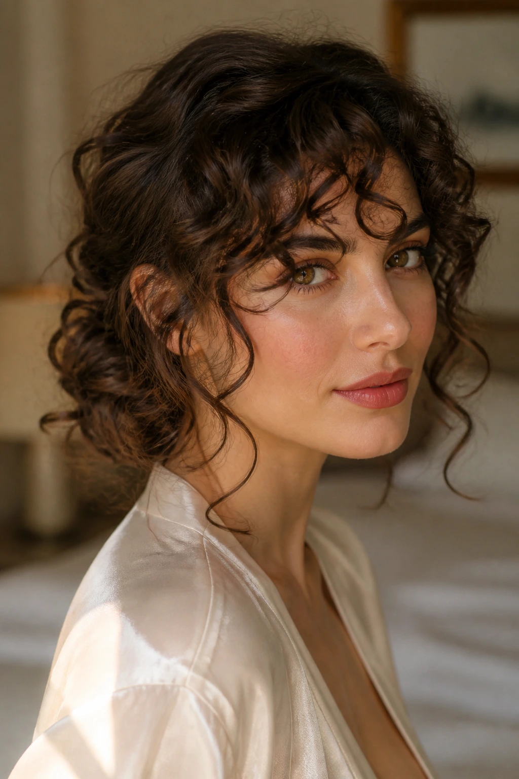 Real woman with a loose chignon and curly fringe in warm light