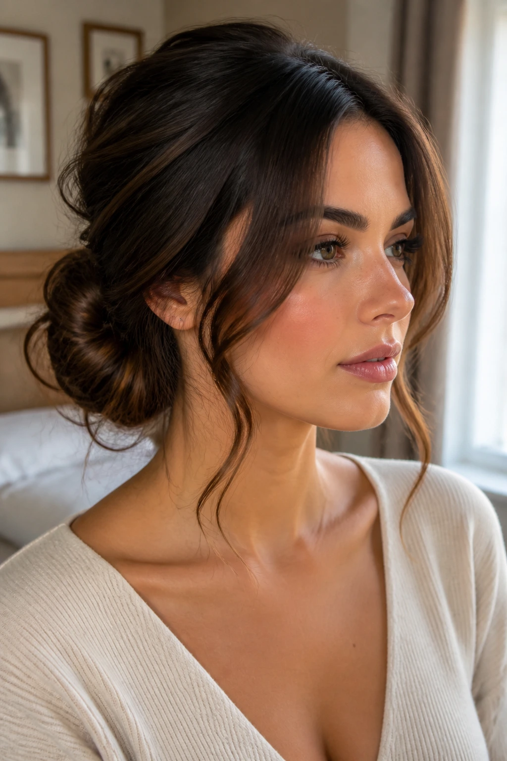 Close-up of a woman with a low, soft chignon and face-framing pieces.
