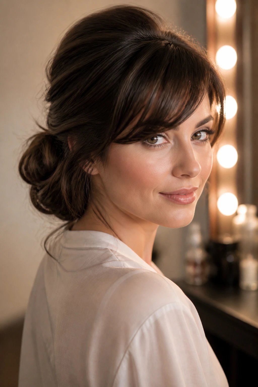 Close-up portrait of a real woman with a loose chignon and lifted roots.