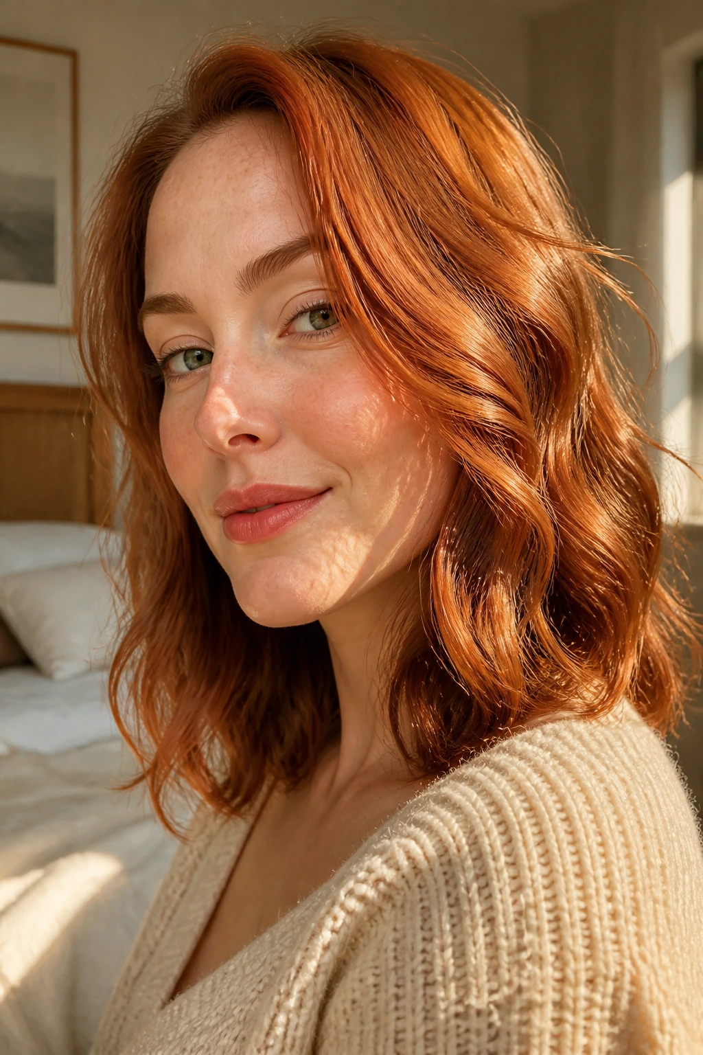 Close-up of a woman with loose copper waves on red hair in a sunlit room