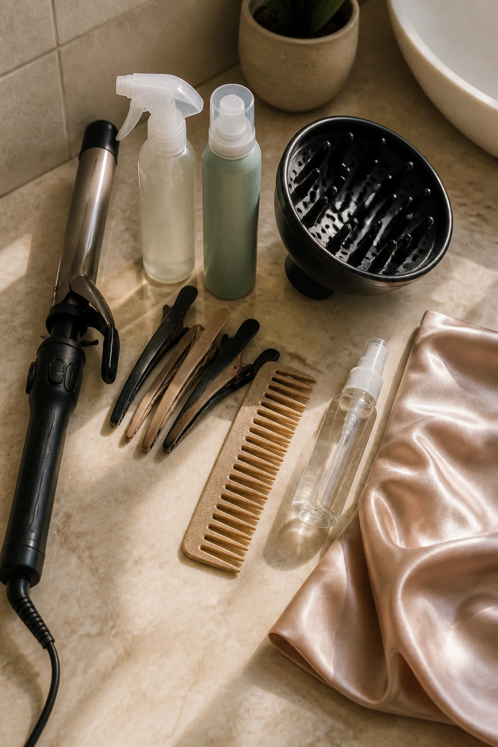 Flat lay of essential styling tools for loose curl bobs on a warm bathroom counter