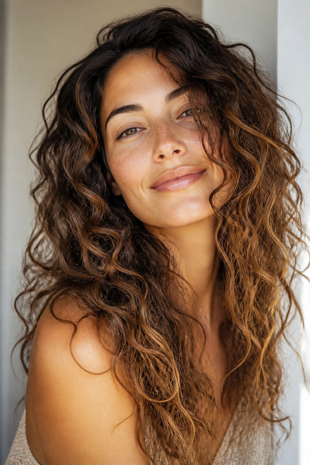 Close-up of curly hair with loose clumps and soft shape on a real person