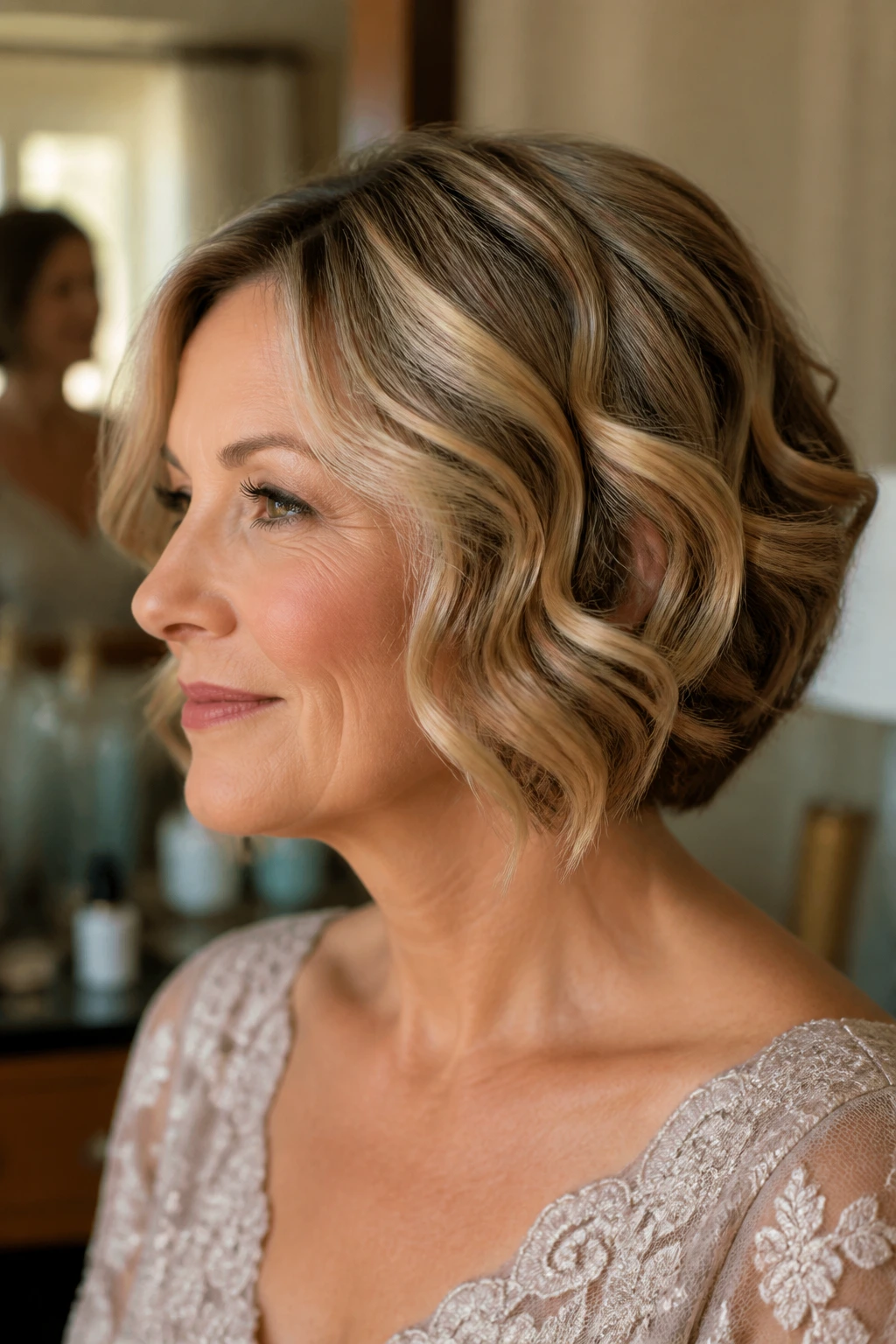 Close-up of a woman with loose barrel curls on a chin-length bob