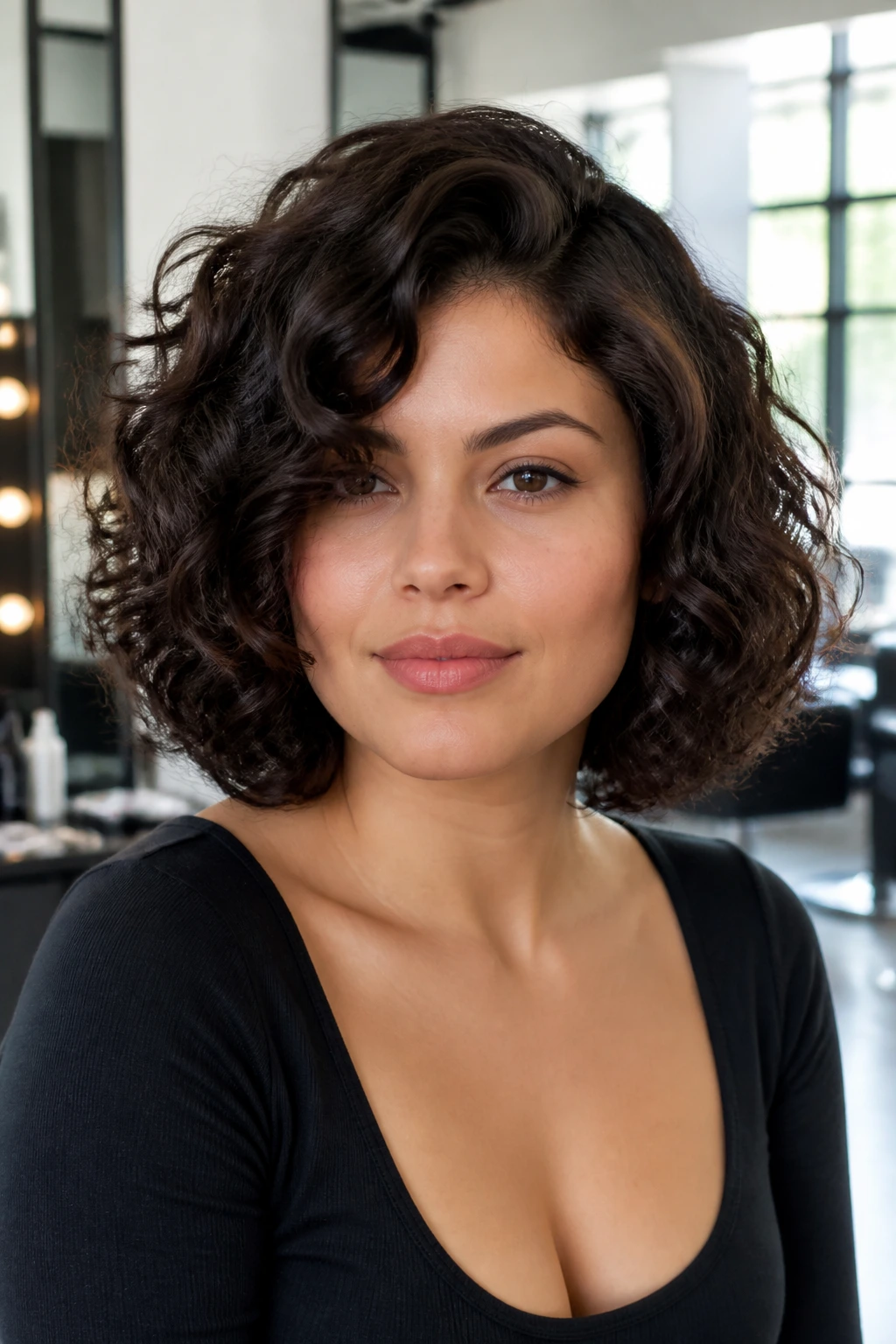 Portrait of a person with loose curls and dense hair in a layered bob