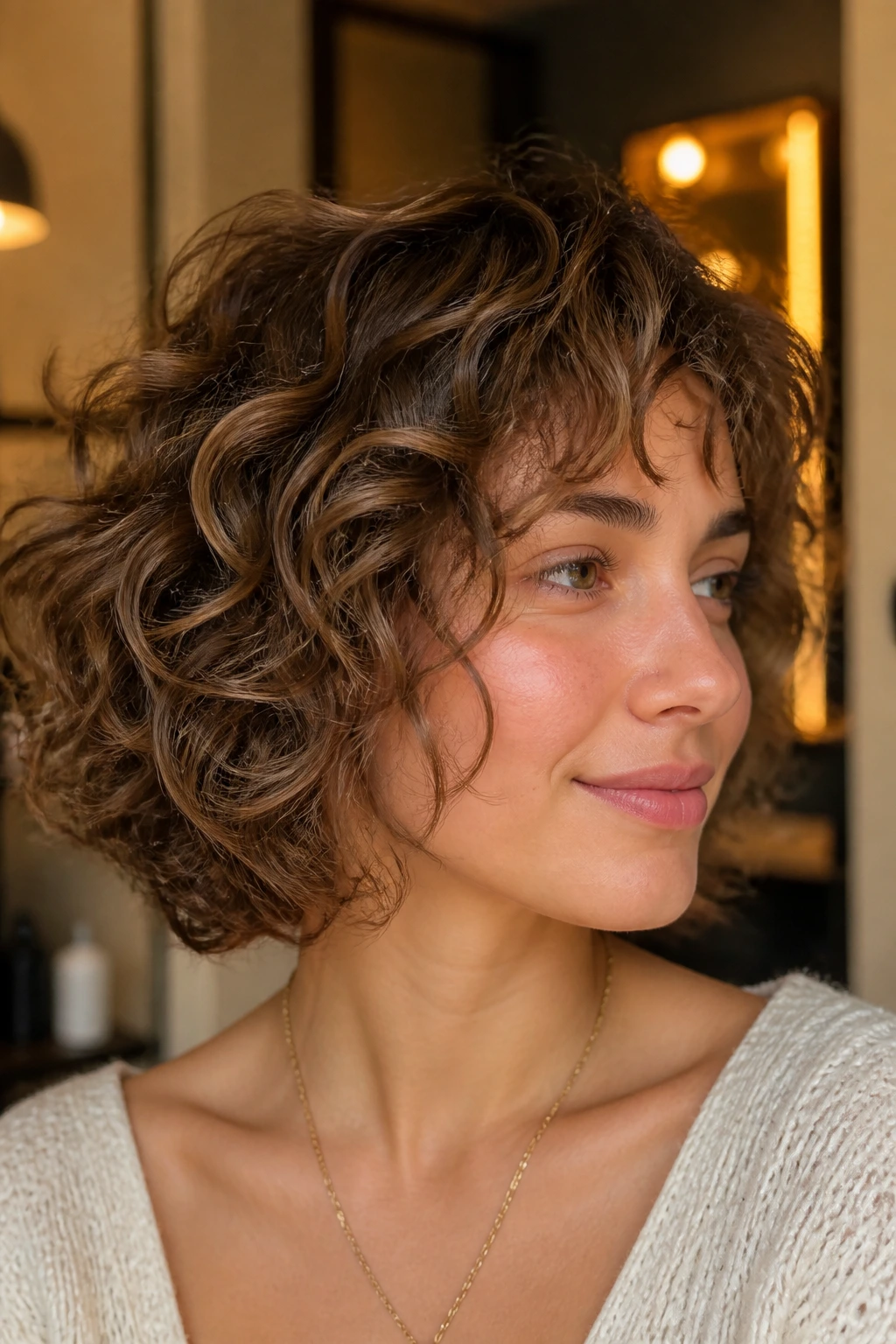 Portrait of a person with loose curls and fine hair under warm lighting showing interior lowlights