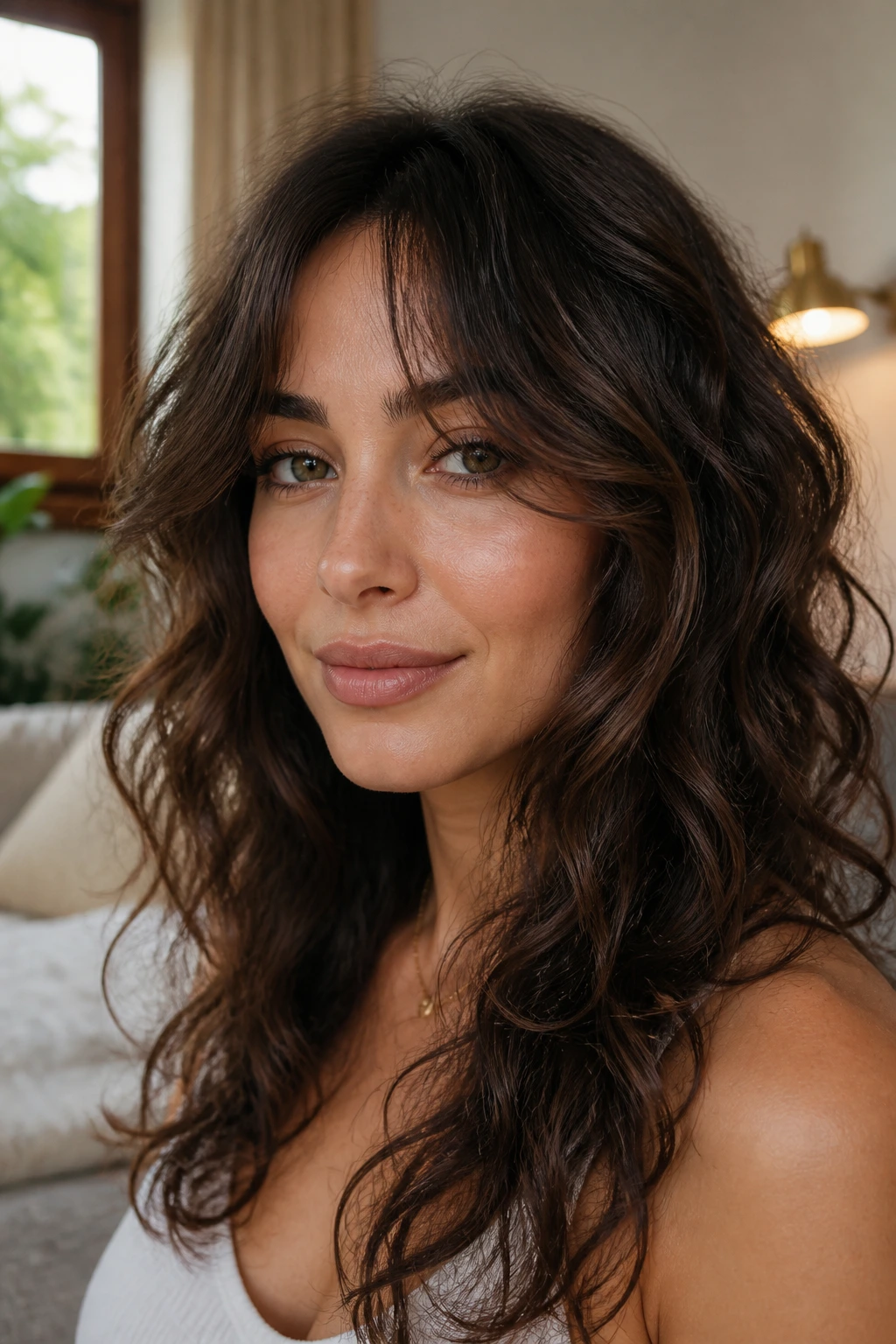 Close-up of a real woman with loose curls and long curtain bangs in a softly lit bedroom.