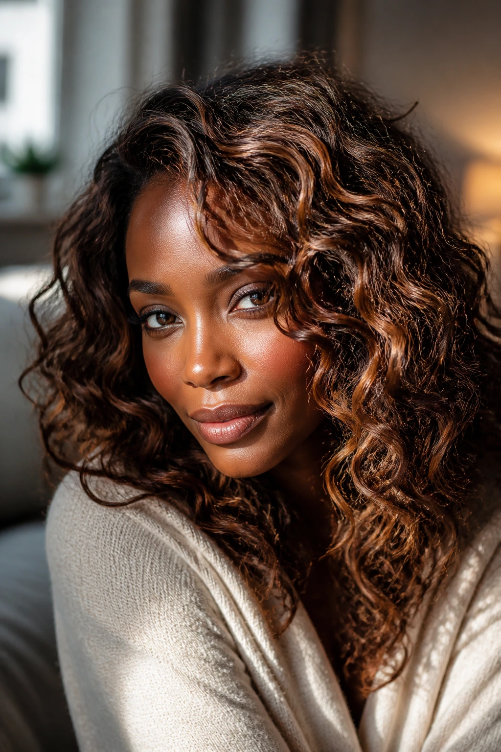 Close-up of a real person with loose curls and warm, multi-tonal highlights