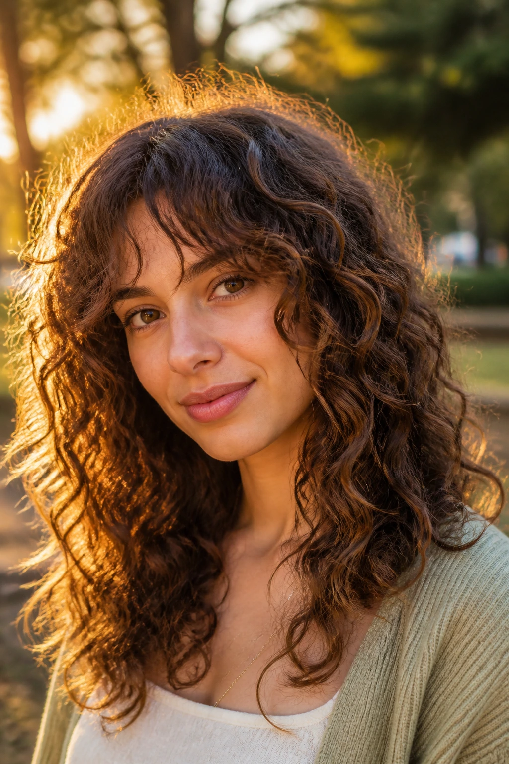 Close-up of a real woman with loose curls and elongated fringe