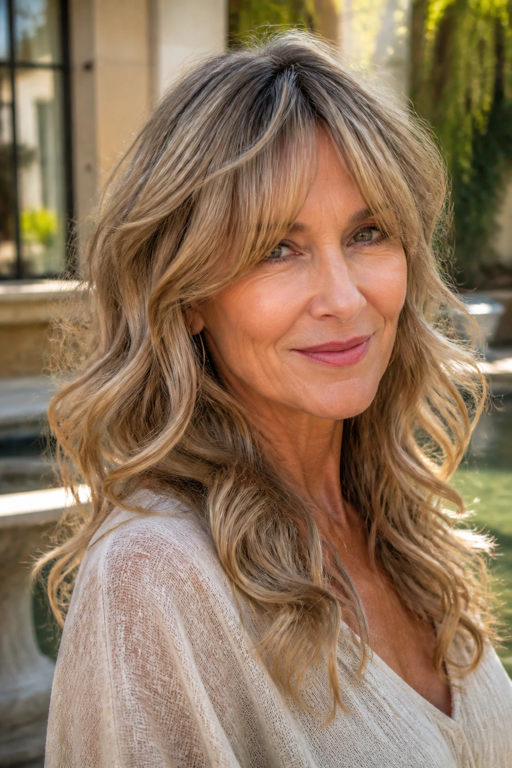 Portrait of a woman with loose curls and a floating fringe