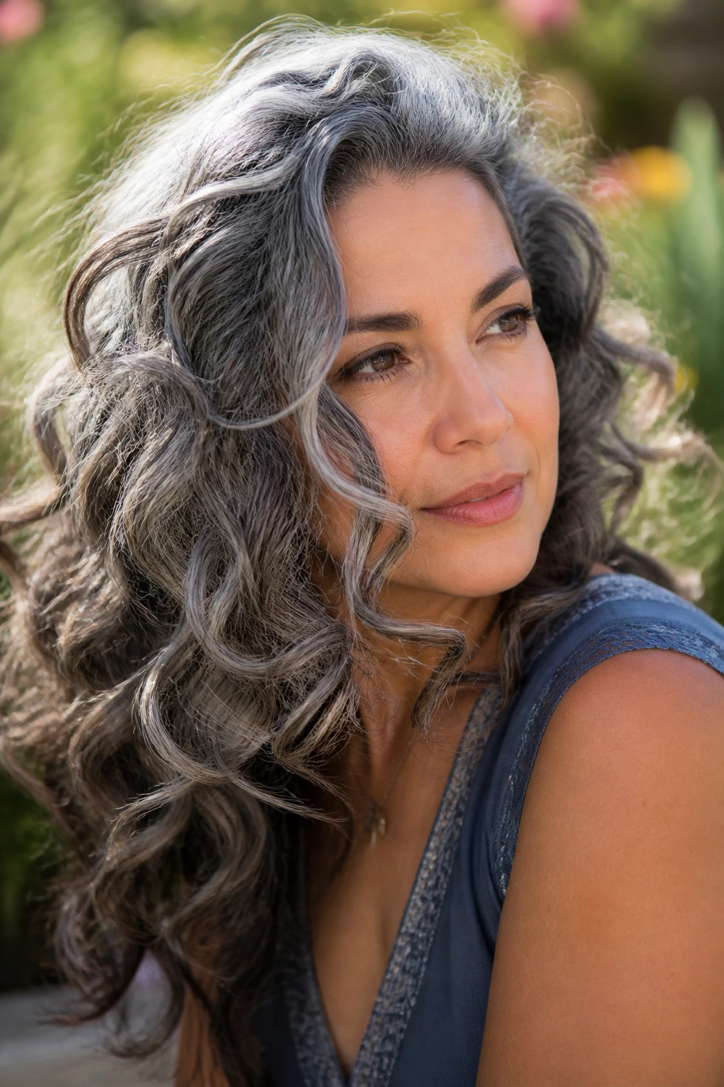 Portrait of a real woman with olive skin and loose grey curls in graphite and pearl tones showing movement.