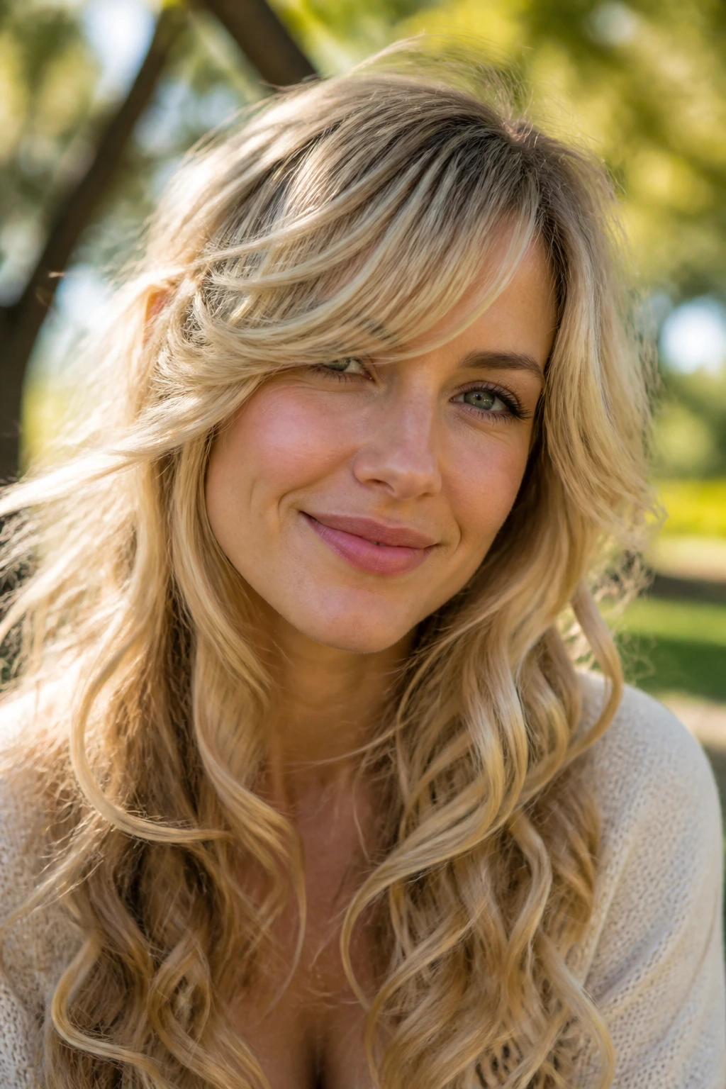 Portrait of a woman with loose curls and layered bangs swept to the side in an outdoor setting