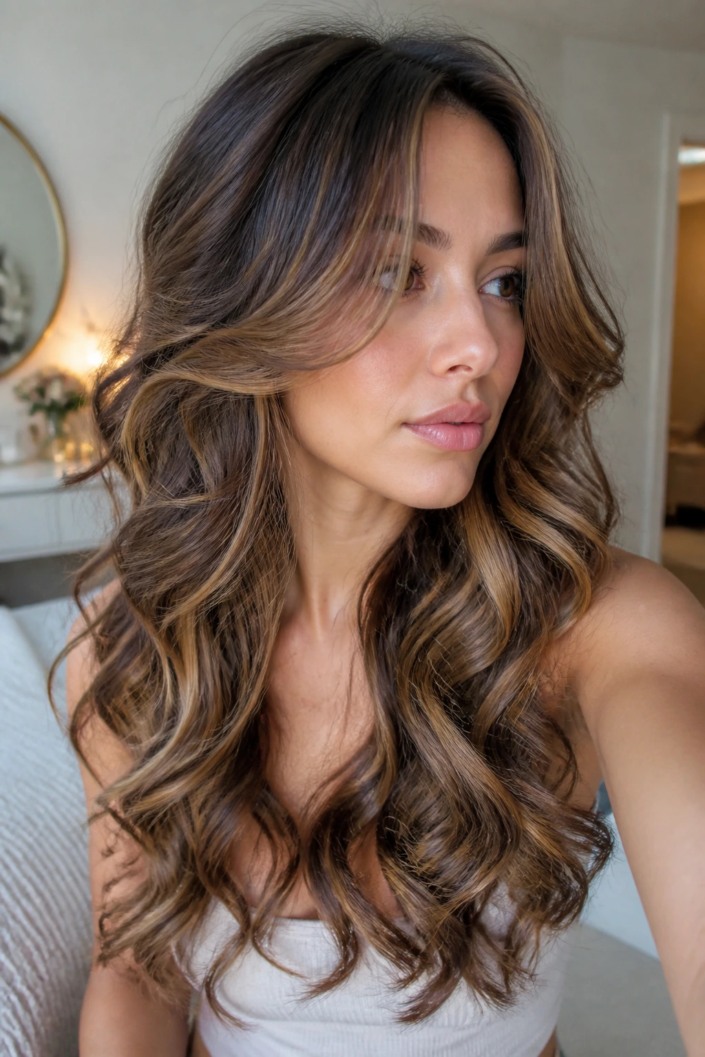 Portrait of a real woman with loose curls showing layered shape