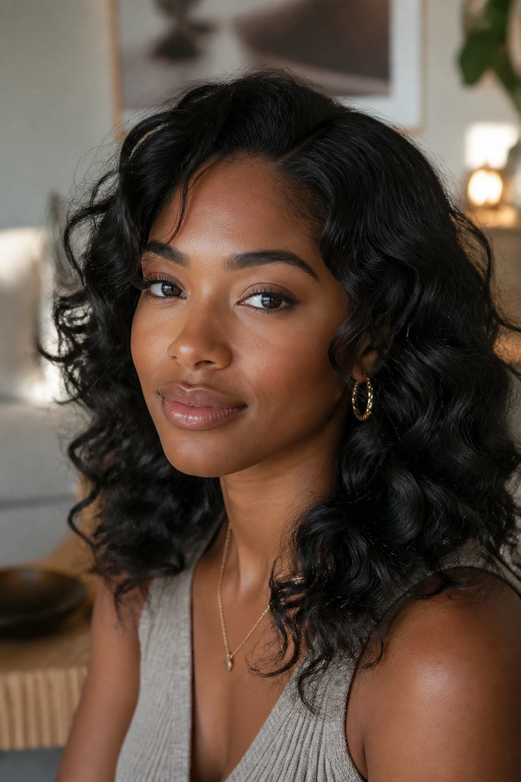 Close-up portrait of a Black woman with loose curls in a cozy living room