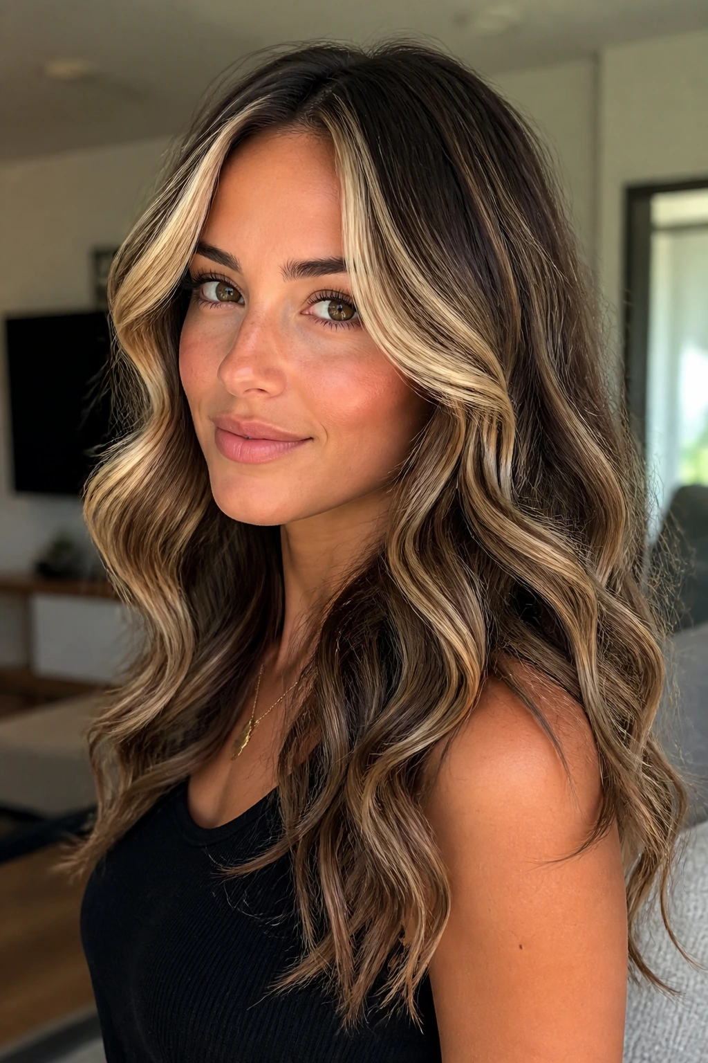 Brunette with loose curls and a bright money piece at the front, close-up.