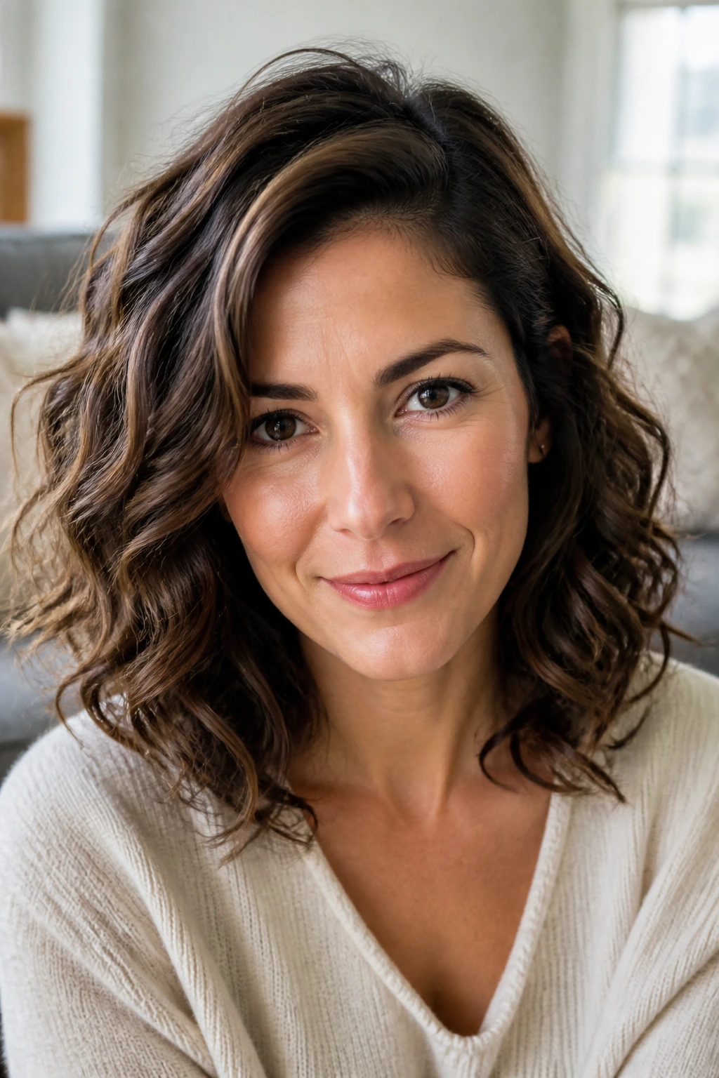 Close-up portrait of a woman with loose curls and an off-center part.