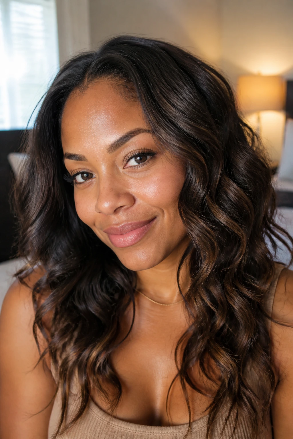 Close-up portrait of a real woman with loose curls framing an oval face in warm bedroom light