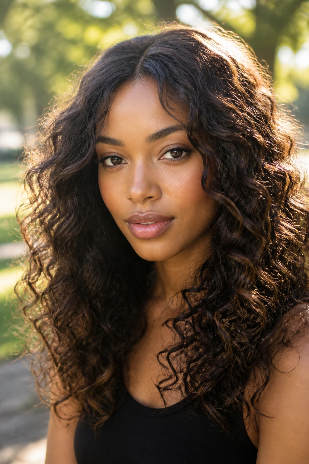 Close-up of a real person with loose curls framing an oval face in outdoor morning light
