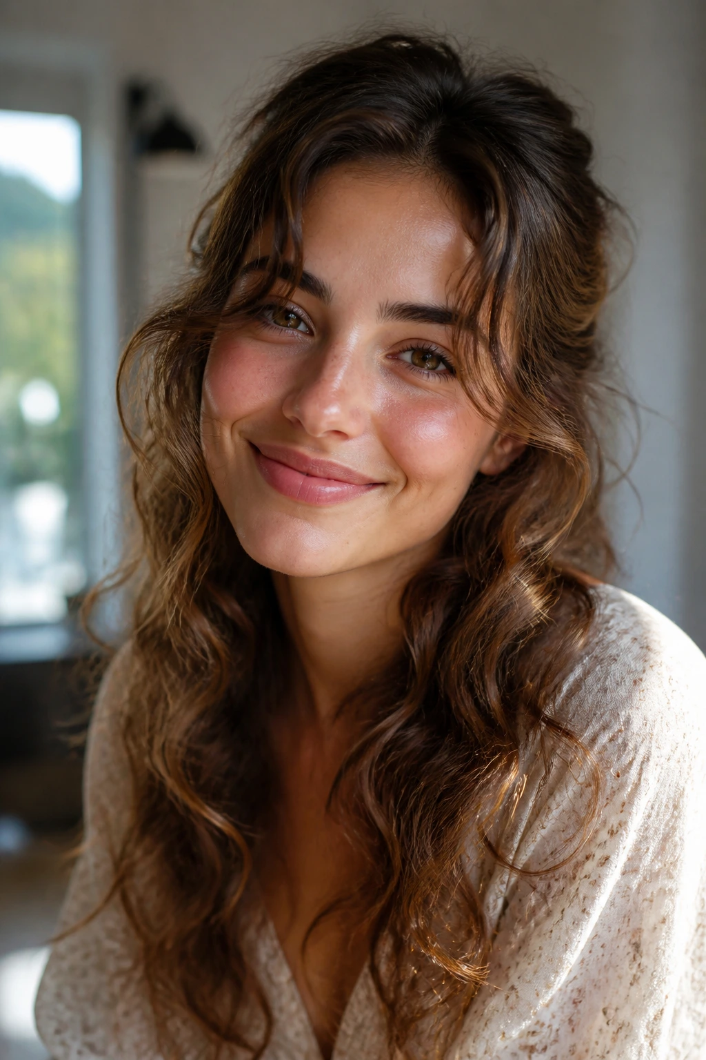 Close-up of a woman with loose curls framing her face in warm natural light