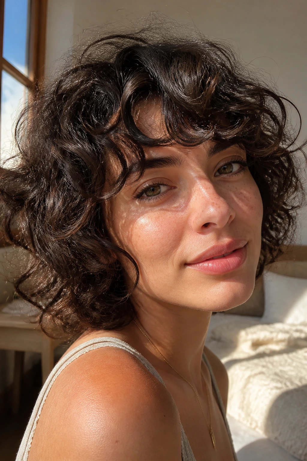 Close-up portrait of a person with loose curls in warm window light