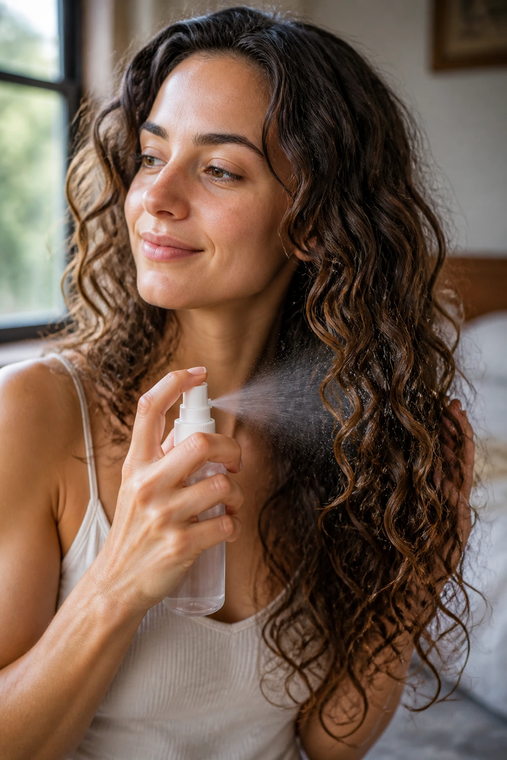 Portrait of person with refreshed loose curls under natural window light