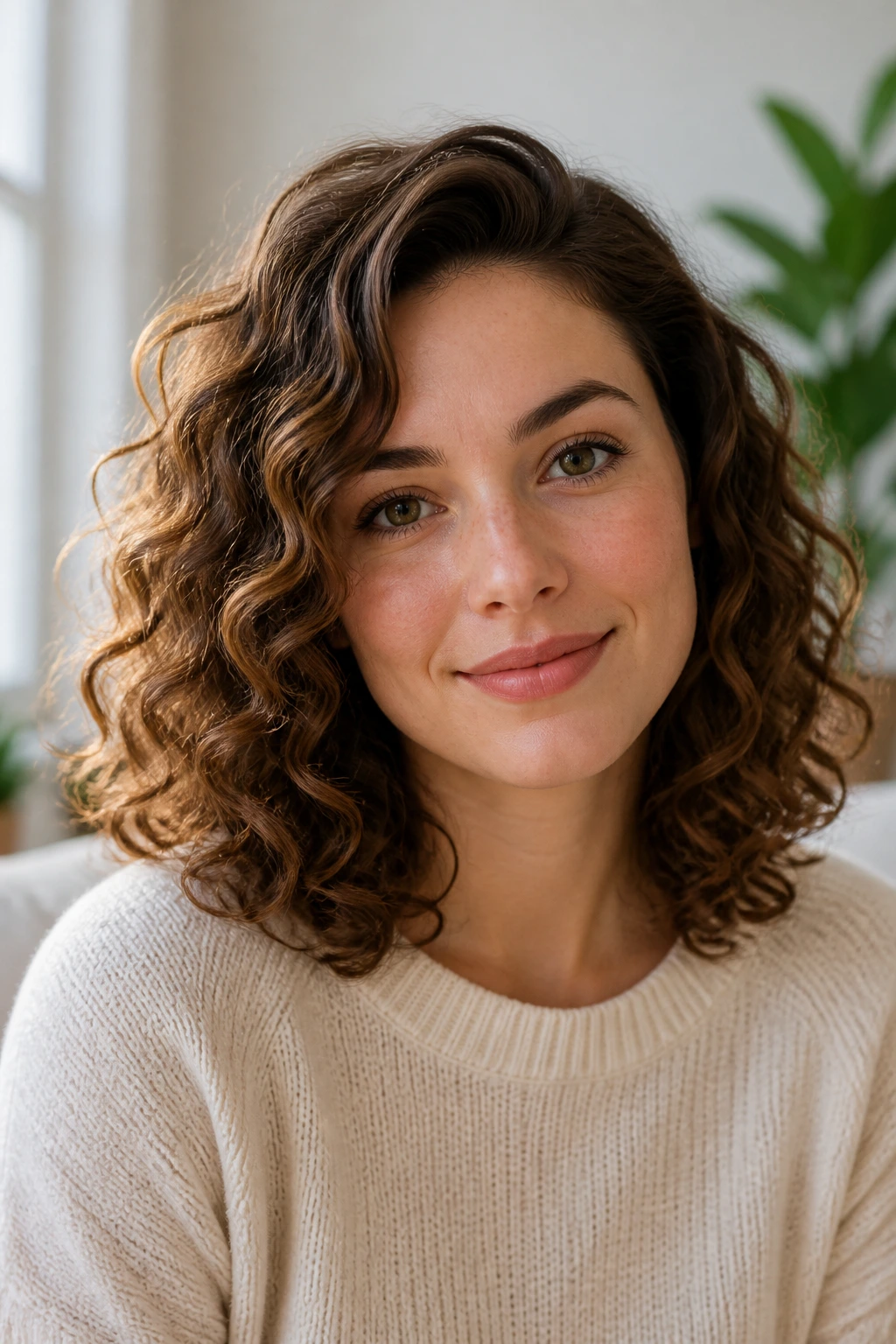 Portrait of a real woman with loose curly midi and a side part.