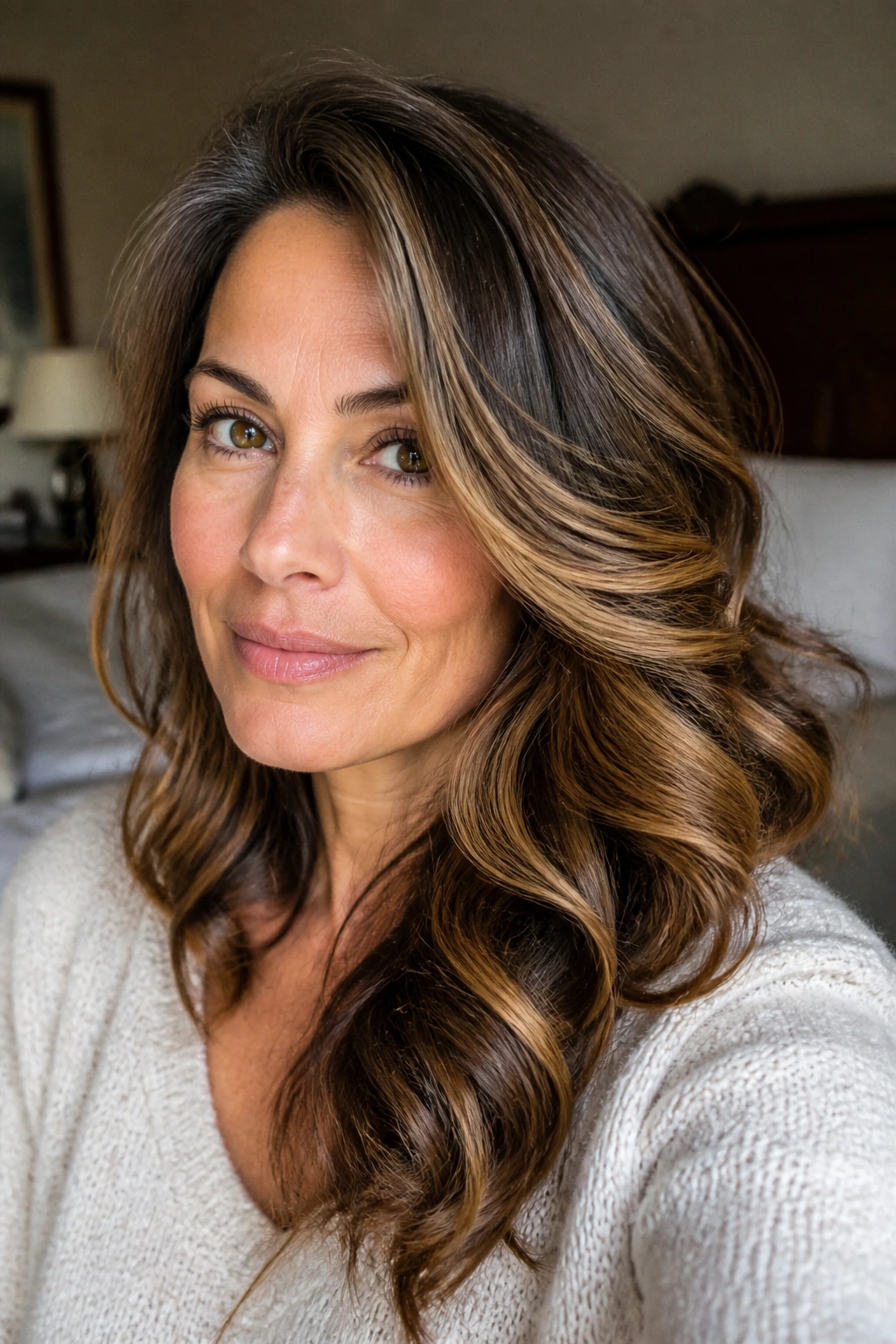 Close-up of a real woman with loose barrel curls and a soft side sweep in warm brunette tones.
