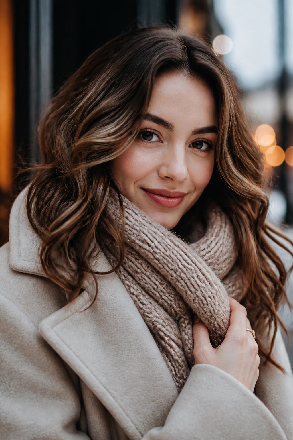 Portrait of a woman with loose curls and a scarf in winter setting