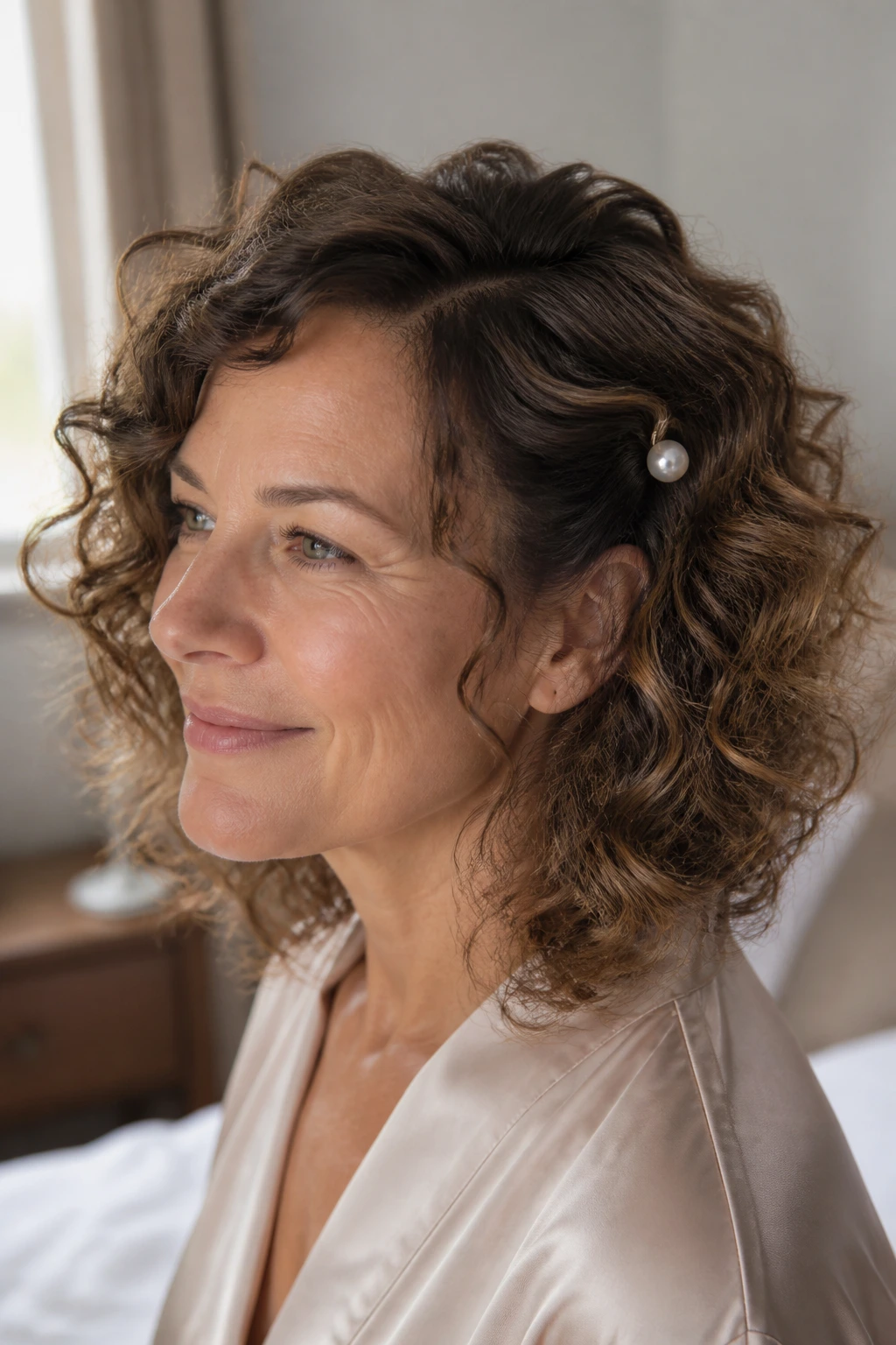 Close-up of real woman with loose curly lob and pearl pin in natural window light