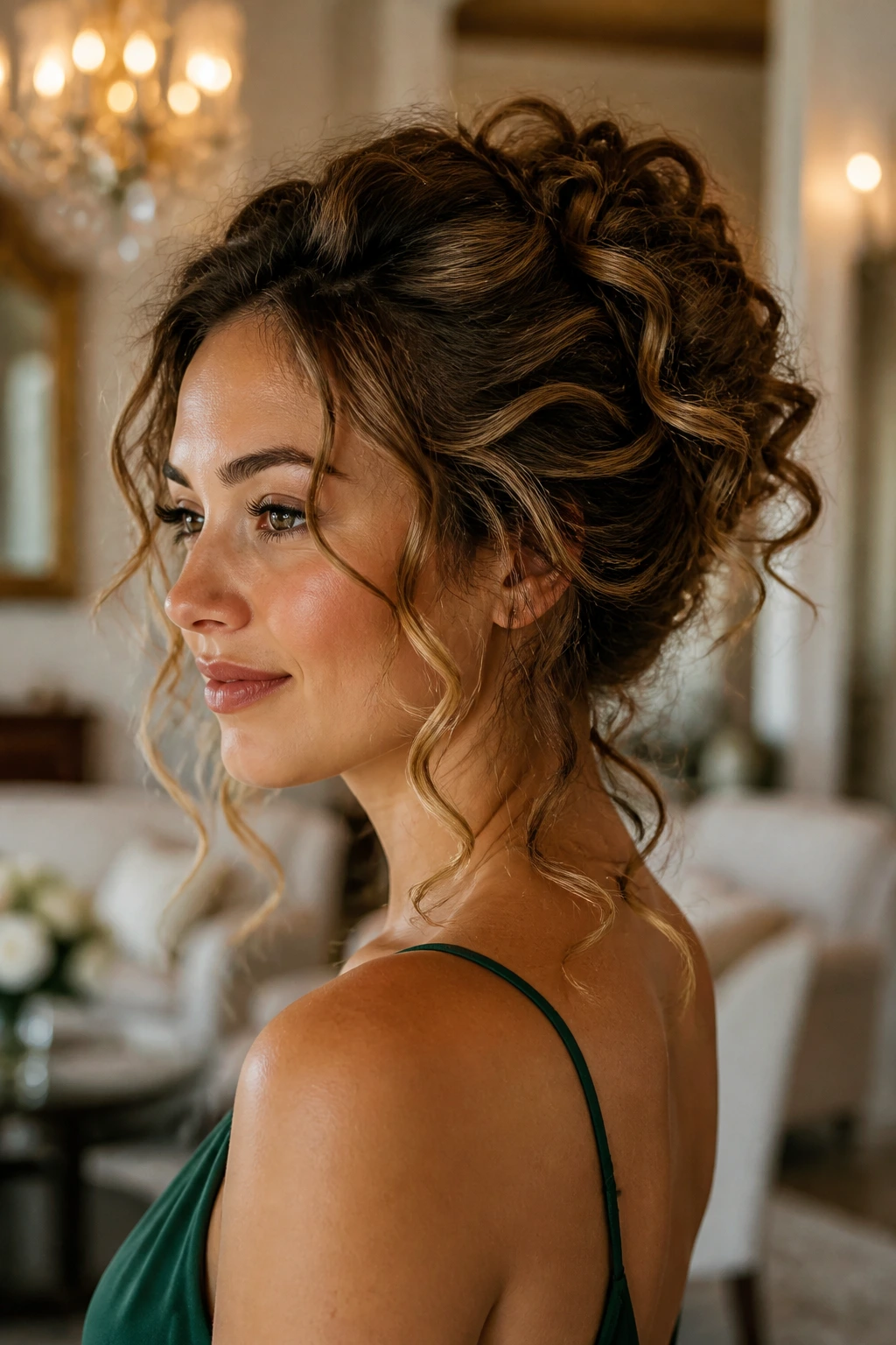 Three-quarter portrait of a real woman with loose curly updo and highlighted tendrils