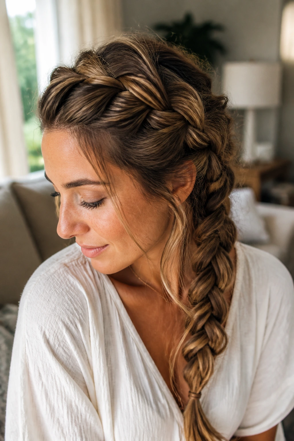 Portrait of a real woman wearing a loose Dutch braid on top of her head