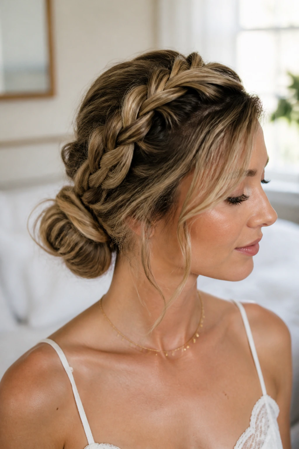 Close-up of a real woman with a loose Dutch braid updo