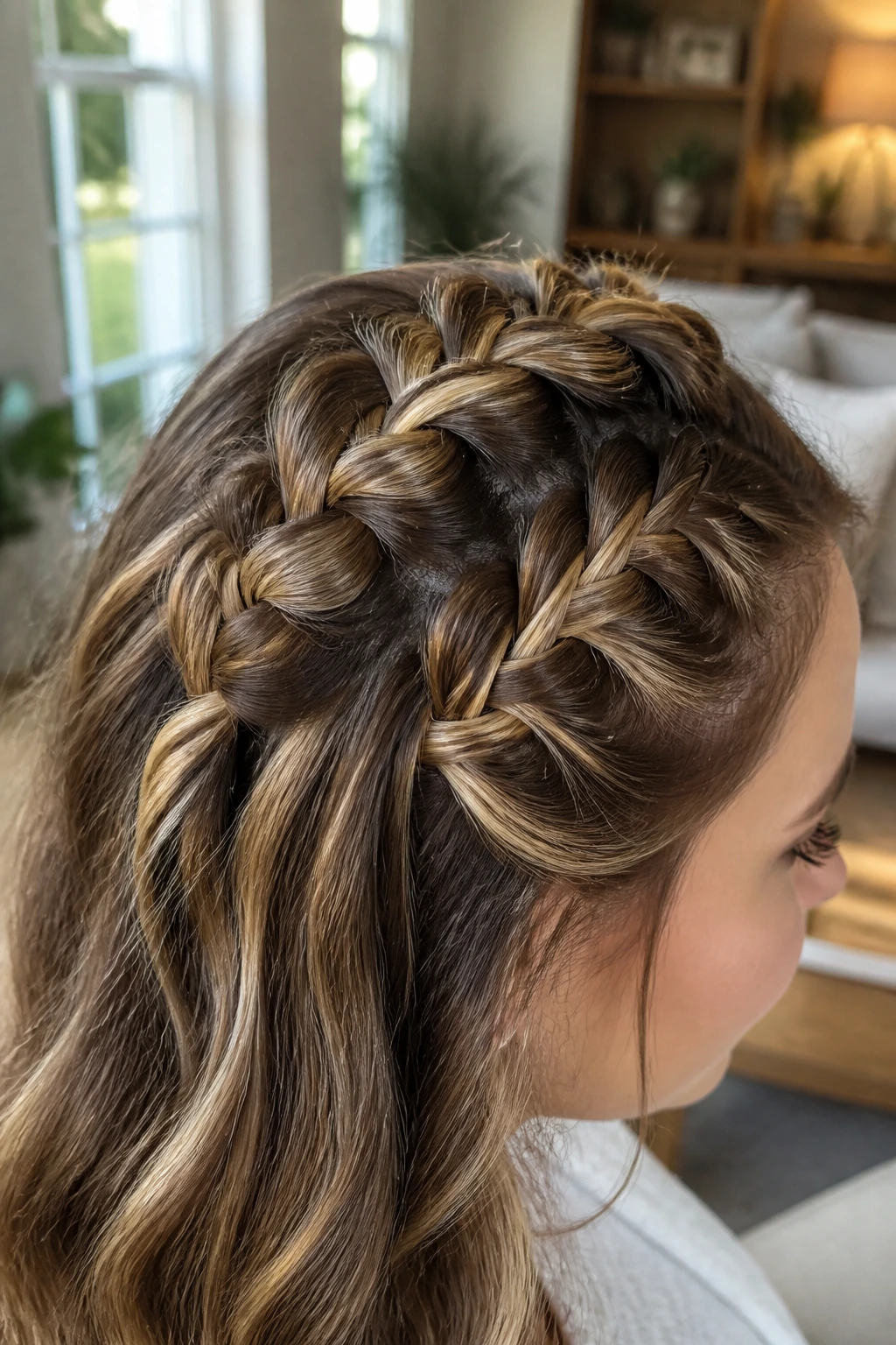 Real woman's head with loose Dutch braids showing raised texture and caramel highlights