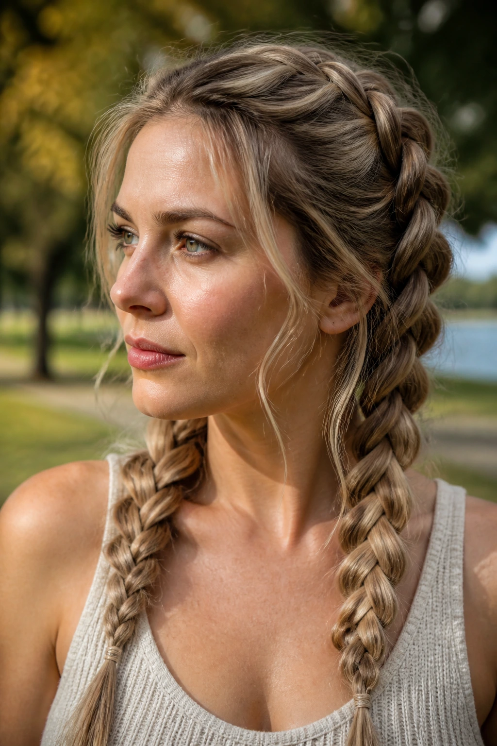 Close-up of a woman with two loose Dutch braids showing dimension