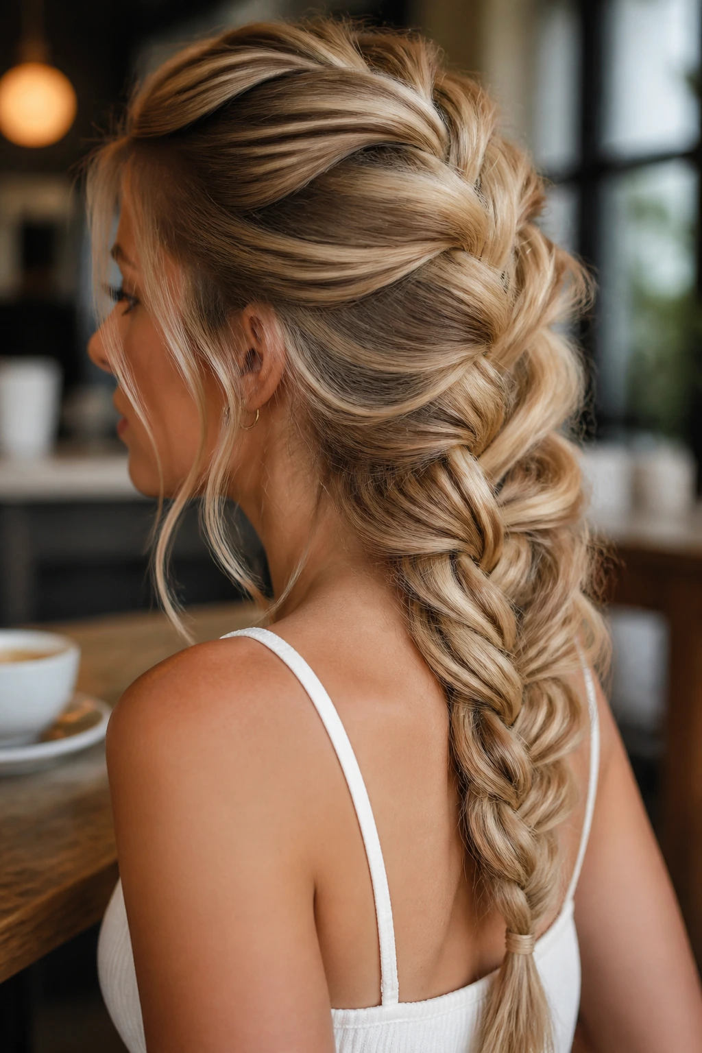 Close-up of a real woman with a loose French braid pulled out for width in a cafe setting