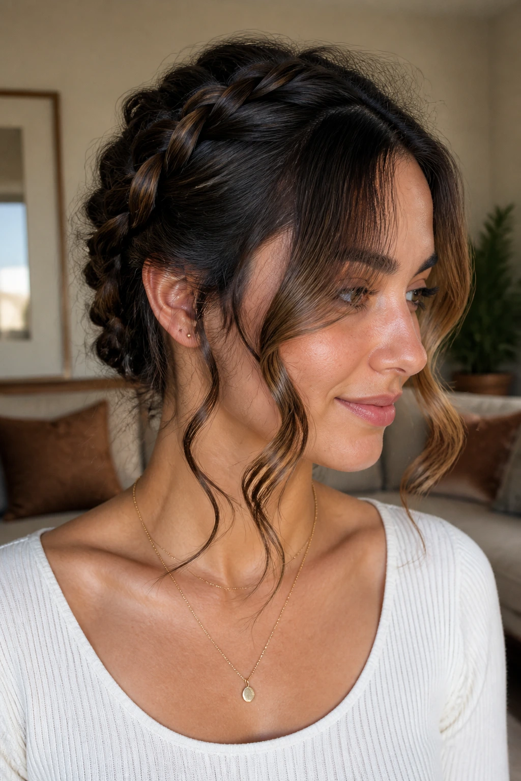 Portrait of a real woman with a loose French braid and tendrils framing her cheeks