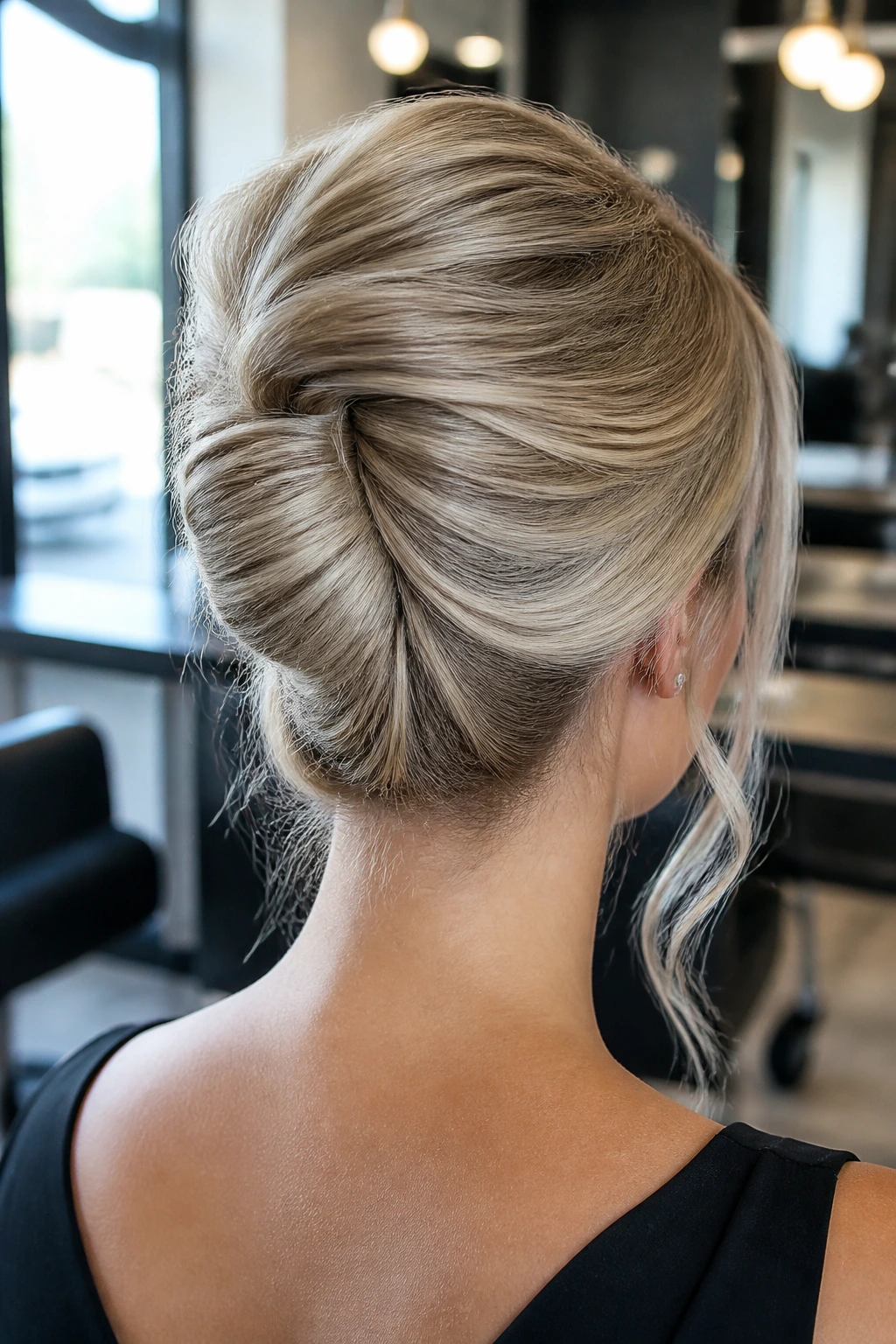 Back view of a real woman with a loose French twist and cool shine