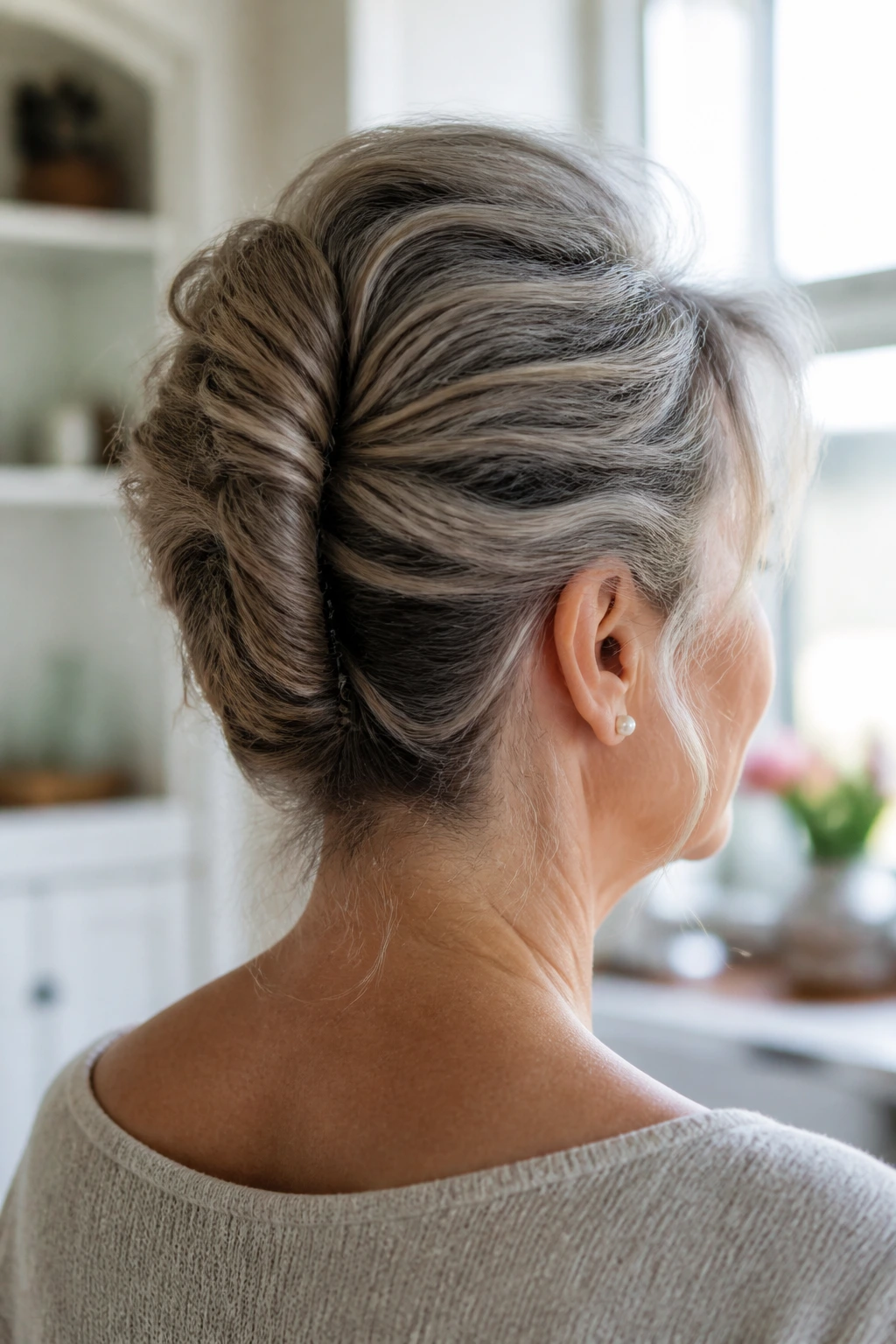 Loose French twist on a real woman with airy, relaxed look