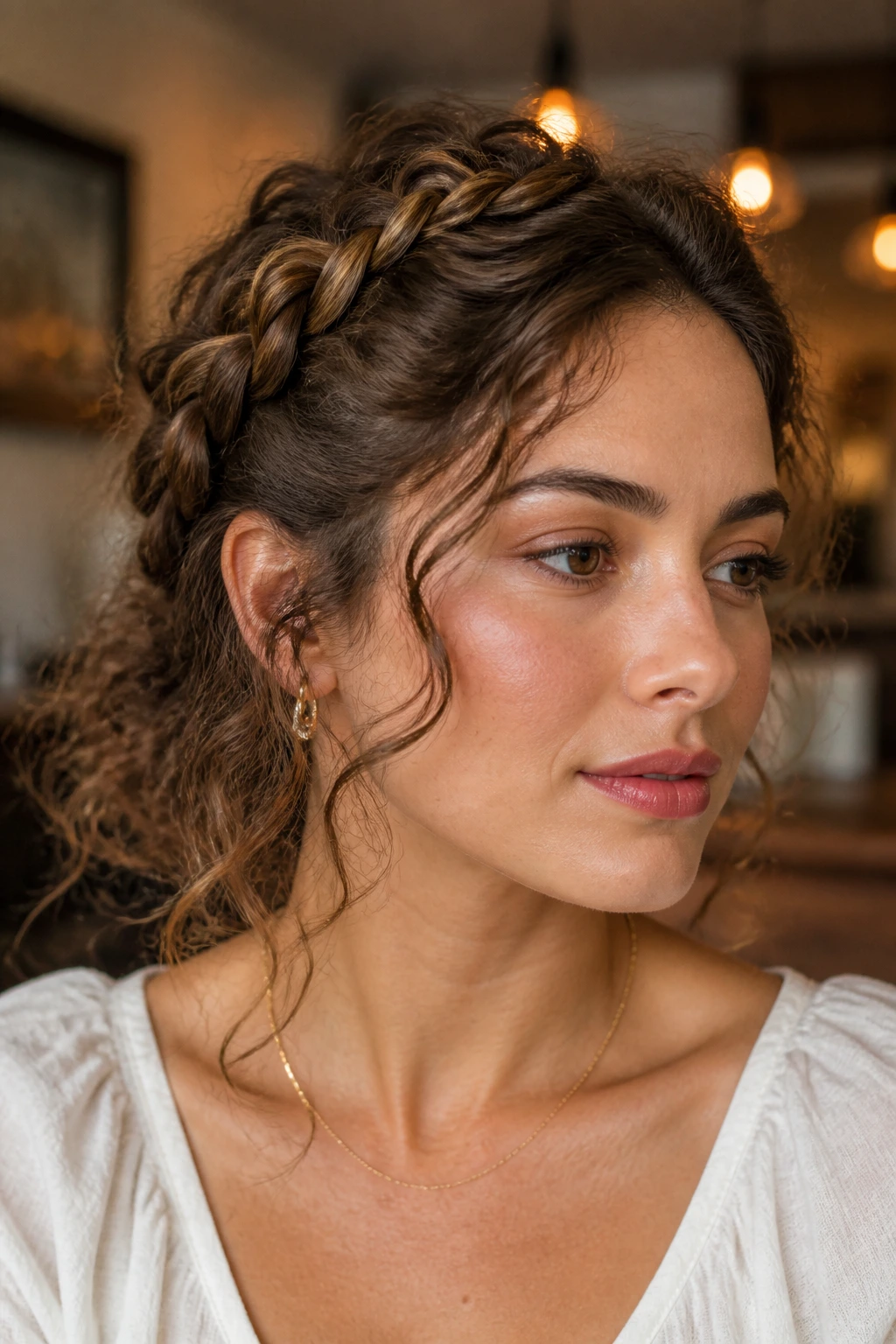 Close-up of a real woman with a loose halo braid around the hairline.