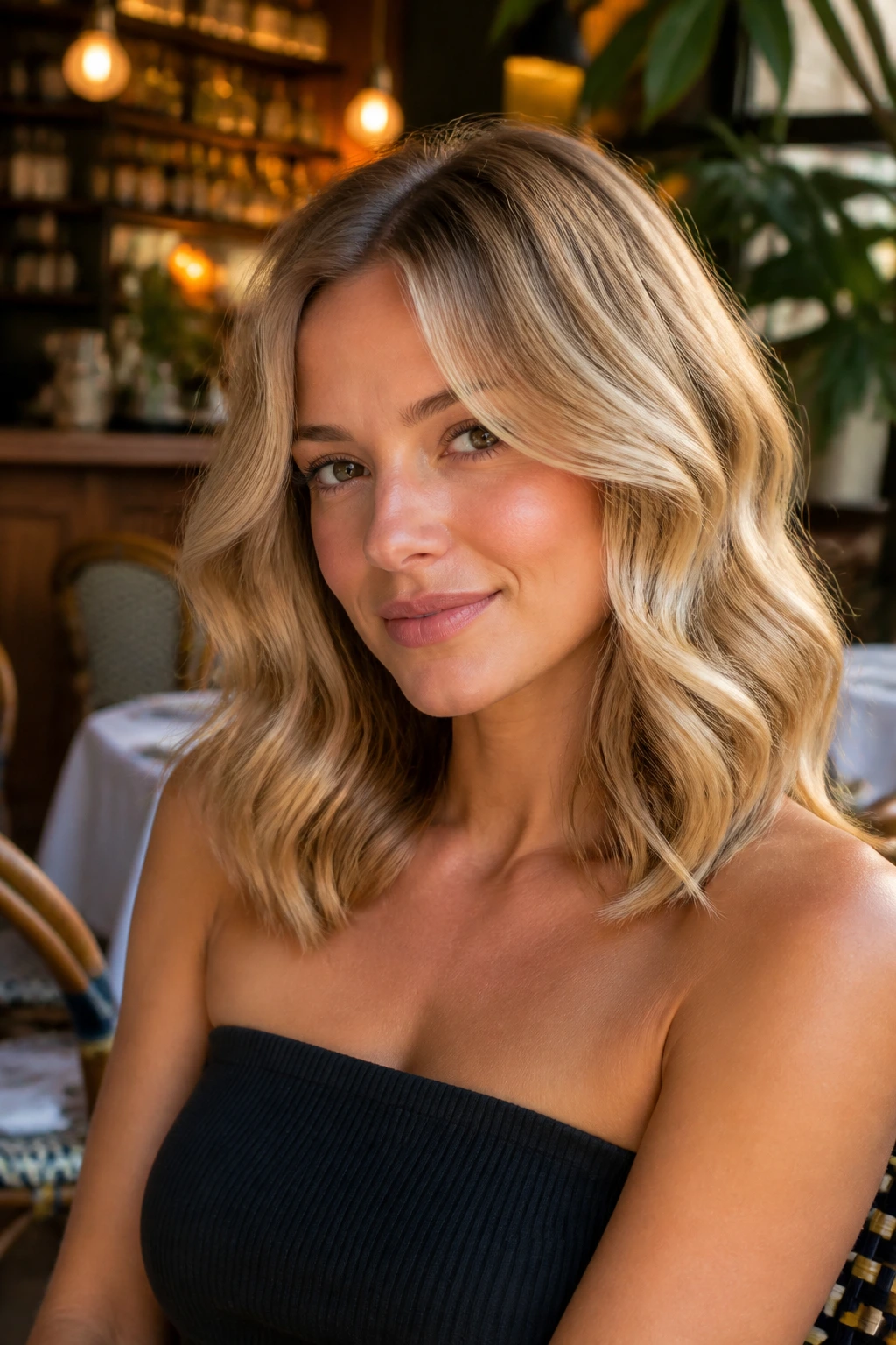 Portrait of a woman with loose Hollywood waves at shoulder length