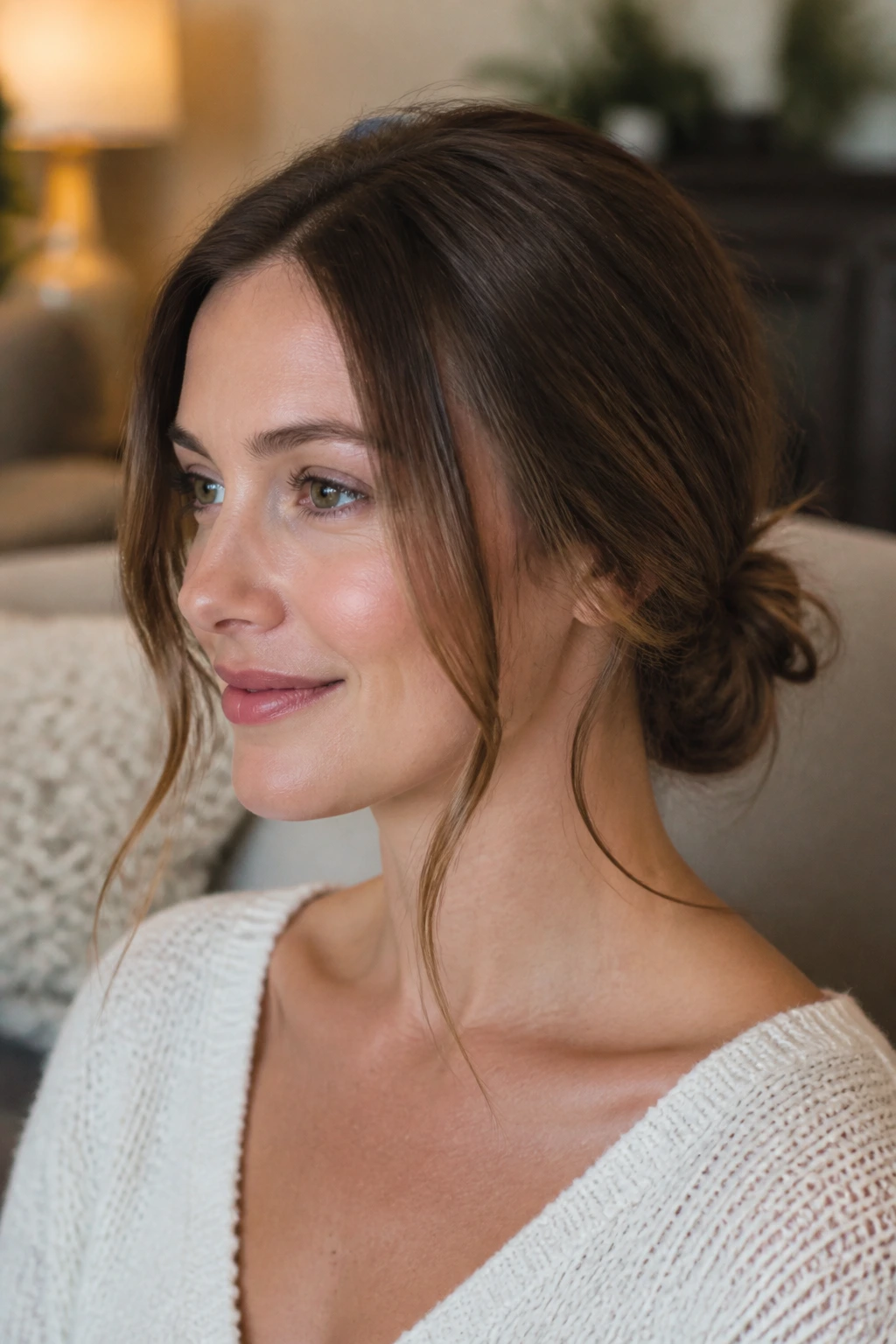 Portrait of a woman with a loose knot and two face-framing strands