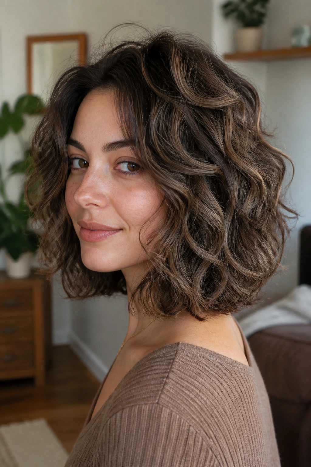 Medium close-up of loose-layer lob with mushroom brown depth on a real person