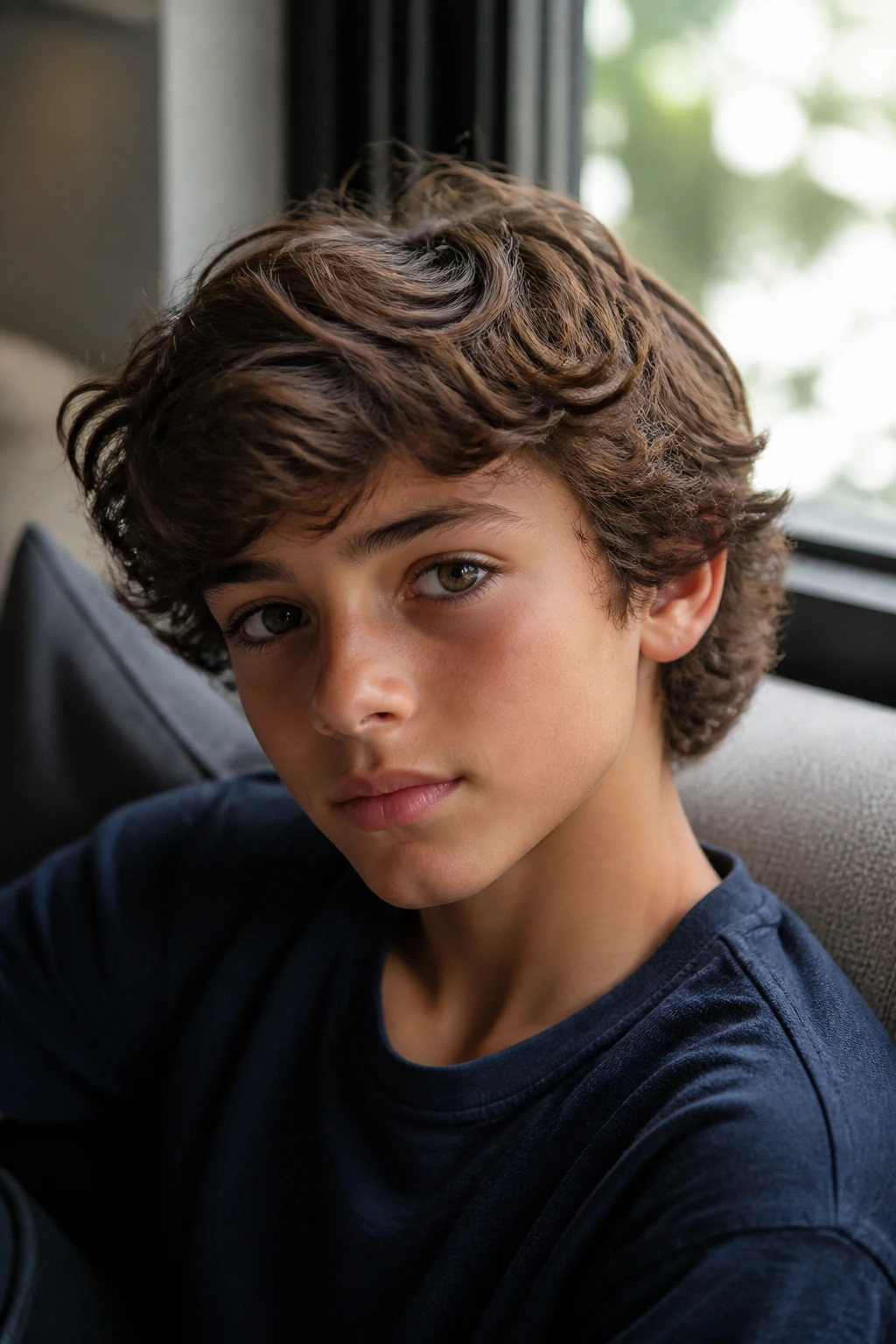 Portrait of a boy with a loose layered top hairstyle in soft daylight