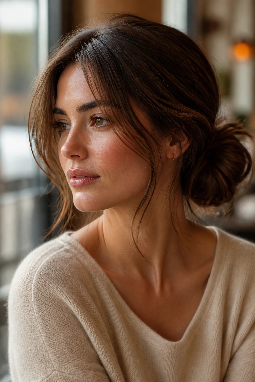 Close-up of a real woman with a loose low bun and wispy front pieces