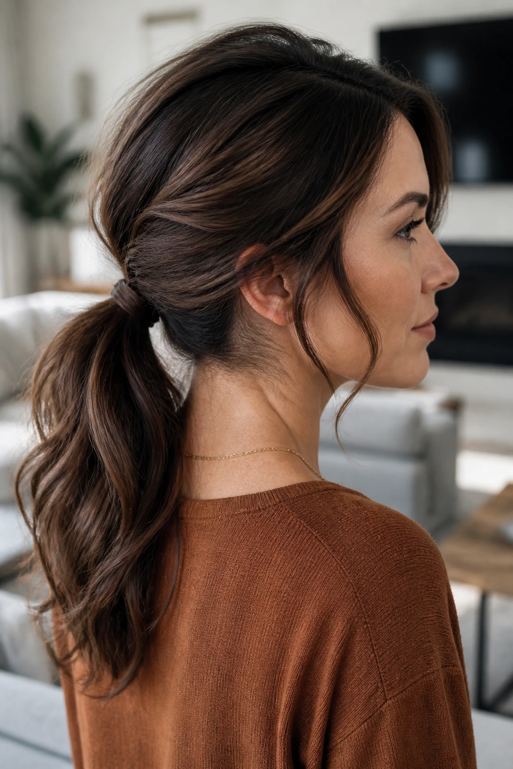 Portrait of brunette woman with loose low ponytail and root lift